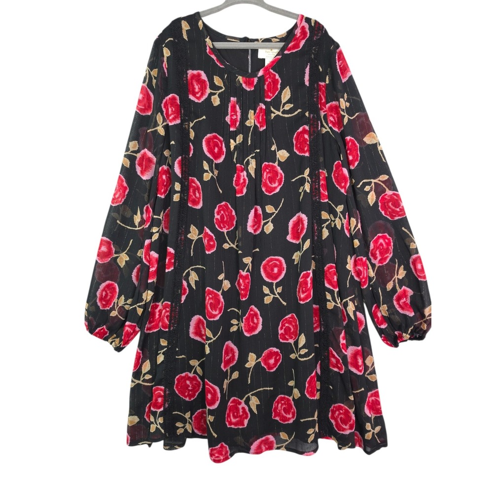 Kate Spade Rose Floral Dress Girls 12Y Black Chiffon Metallic Gold Stripe Lace